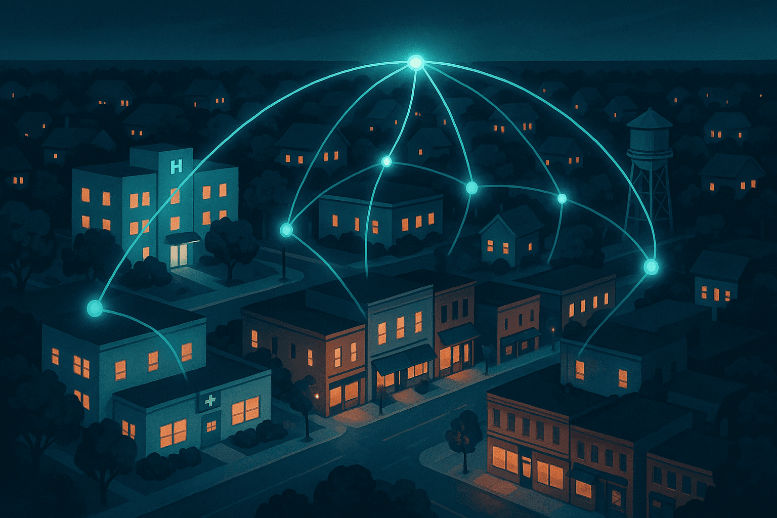 Illustration of a town where employers, physicians, and brokers share one table and one set of numbers